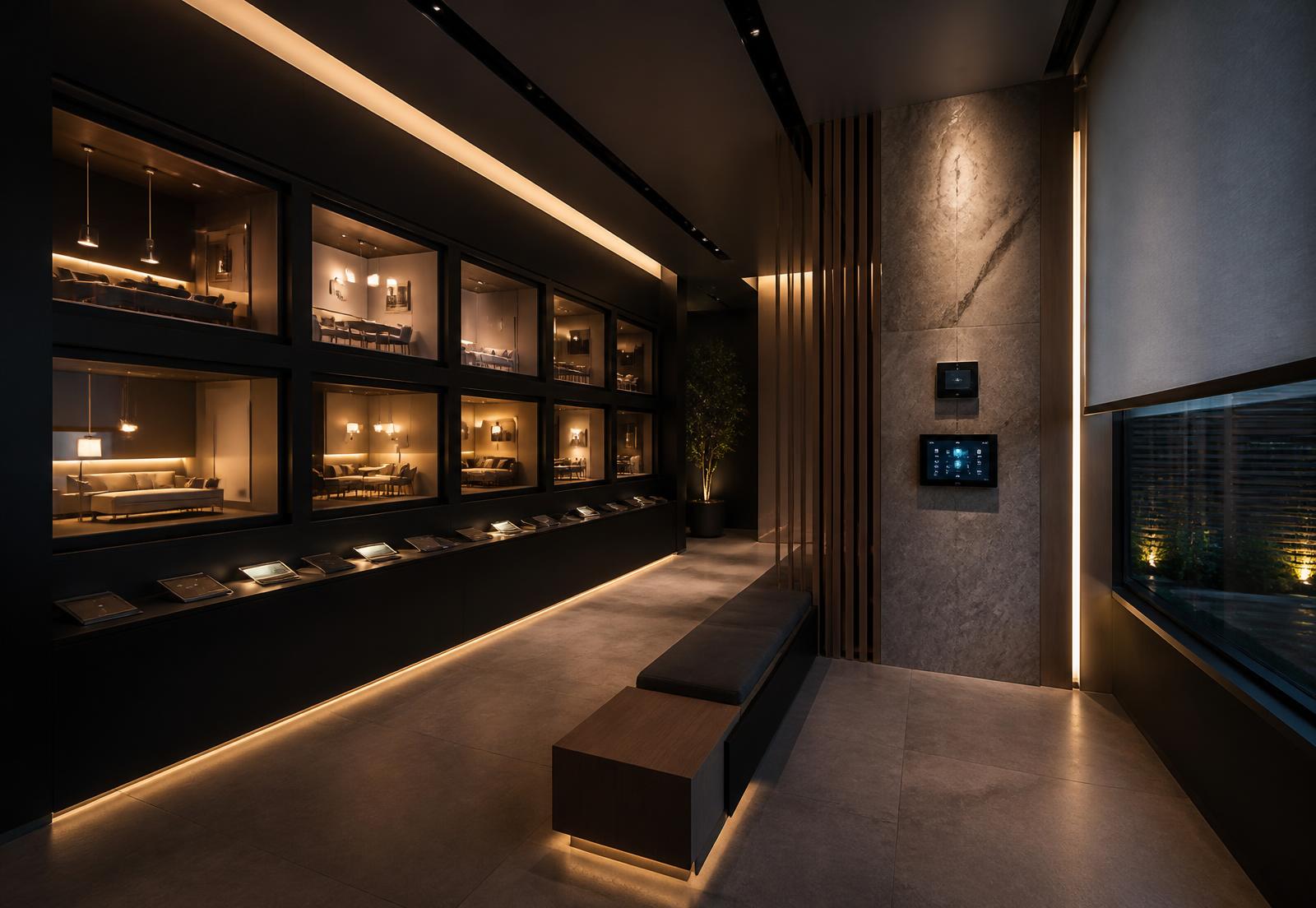 Interior of the Zense experience showroom in Muar with demonstration lighting scenes and wall control panels